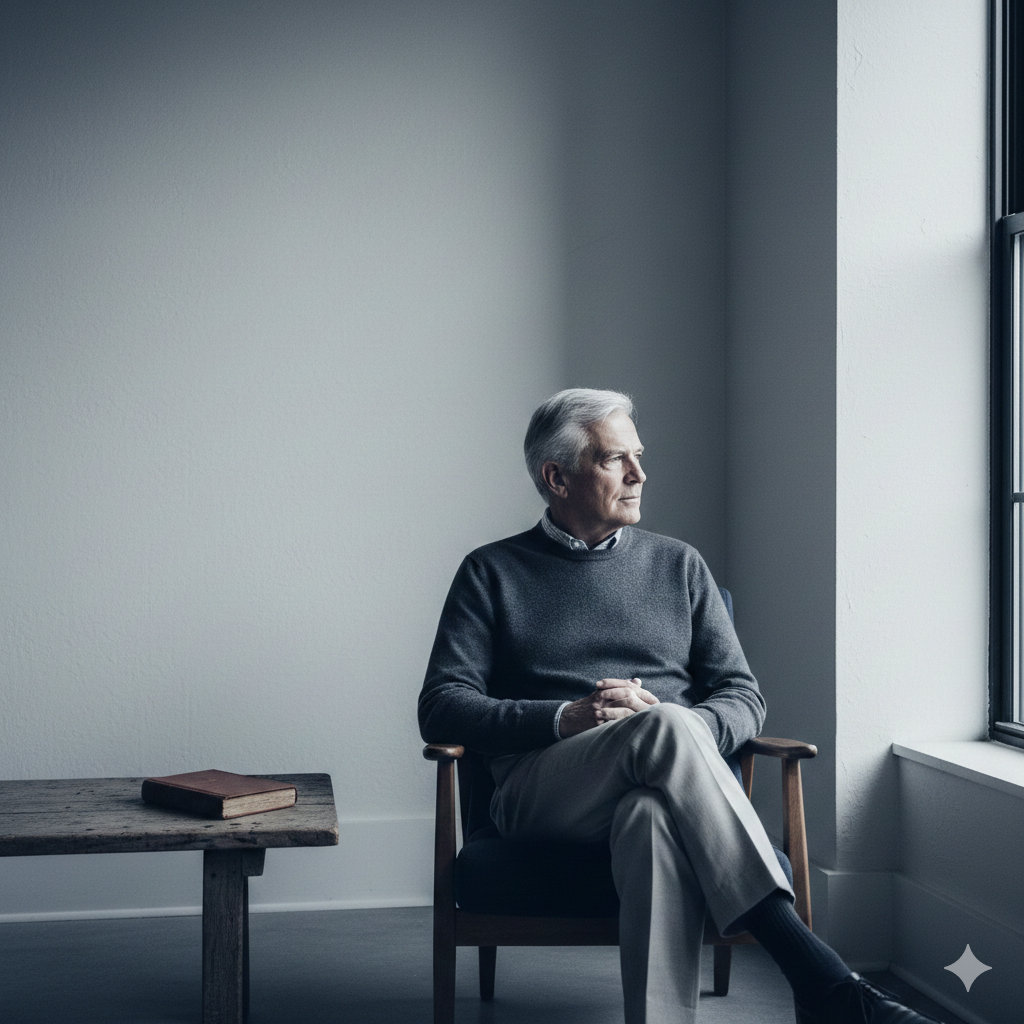 A quiet, dignified moment between two people during a calm, personal conversation